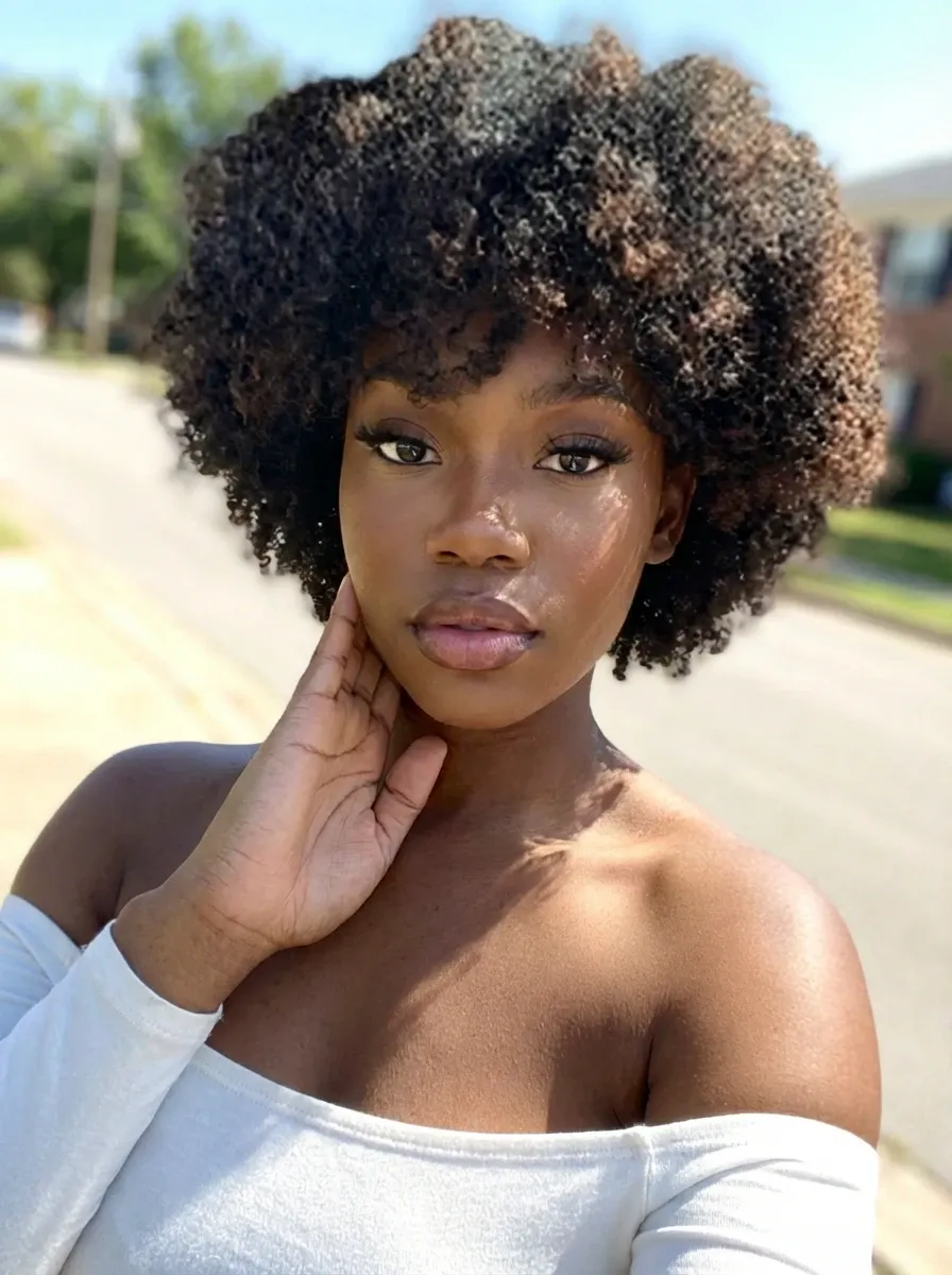 Original selfie input — woman with curly hair in an off-shoulder white top